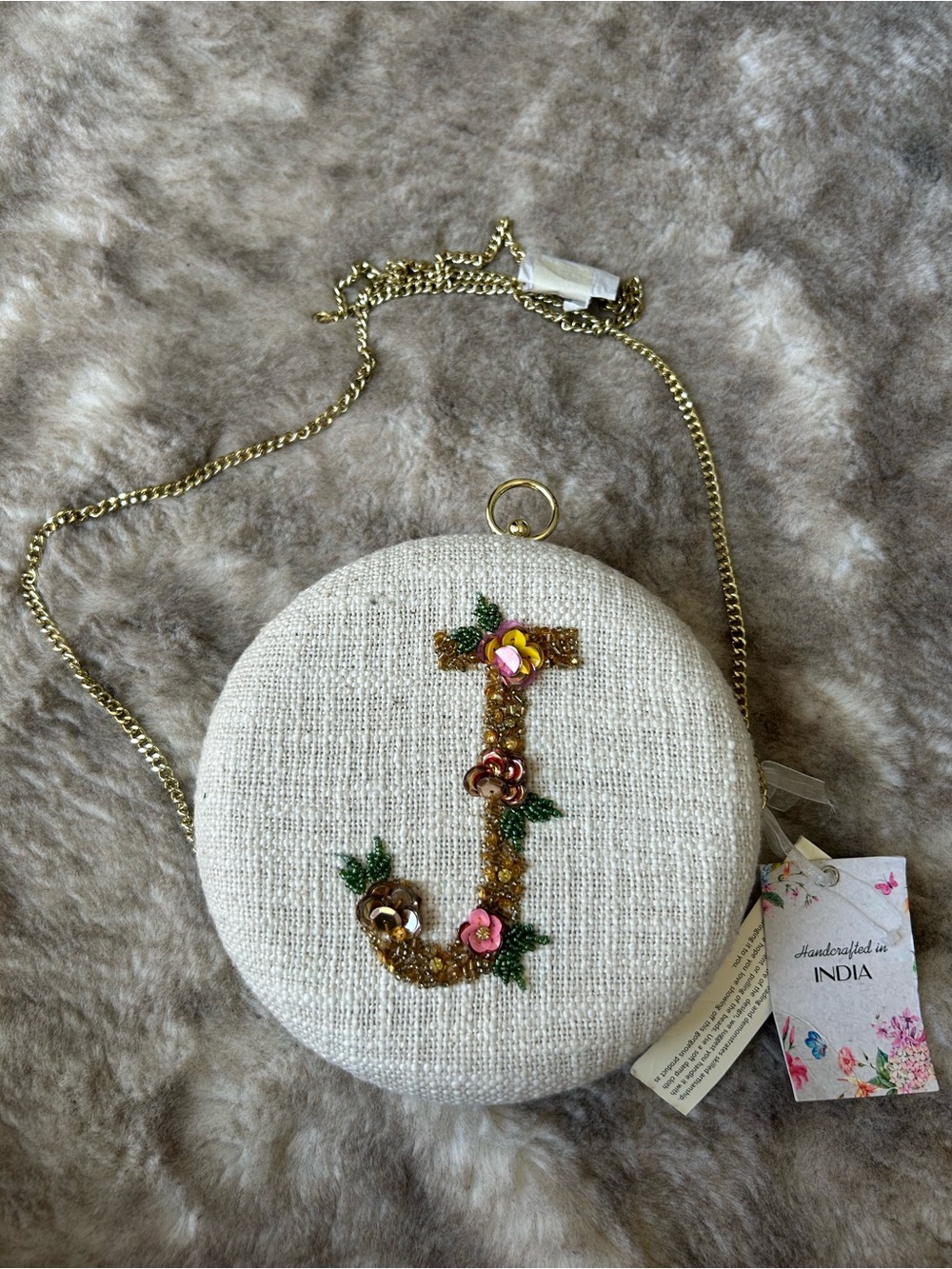 Aldo Cream Round Beaded Crossbody with Gold Frame